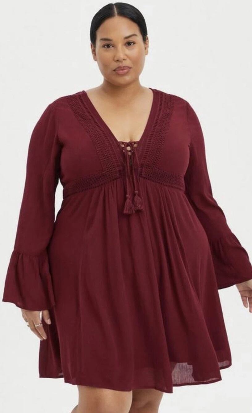 NWT Torrid Gauze Lace Up Skater Dress Size 3X Burgundy Crochet Bell Sleeve Boho